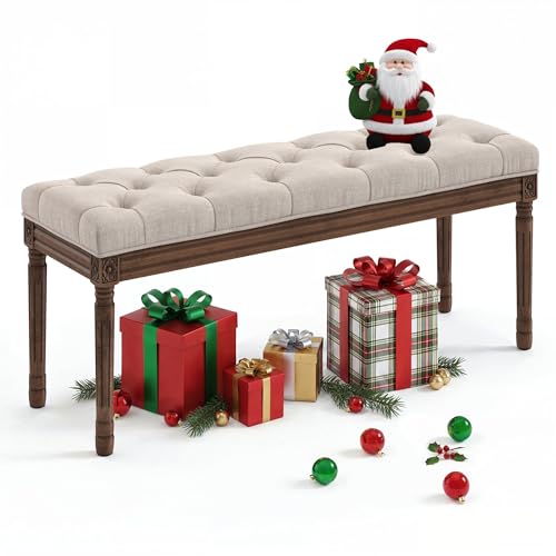 LUE BONA 44" Bedroom Bench, Fabric End of Bed Bench, Upholstered French Tufted Ottoman Bench with Carved Dark Brown Wood Legs for Bedroom End of Bed, Living Room, Linen - color: Linen and Dark Brown, size: 44''