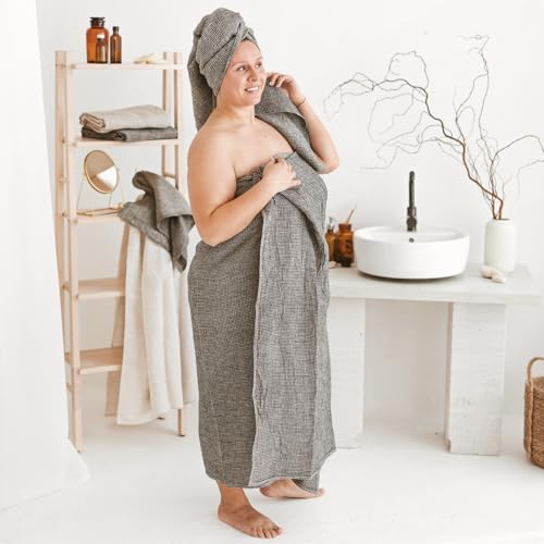100% Linen Bath Sheet 35x70-inch Thin Waffle Weave Black-Natural XL Towel - color: Black Natural, size: Bath Sheet