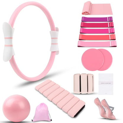 16 PCS Pink Pilates Ring and Ball Set for Women with 15" Magic Circle, Home Pilates Equipment Kit with Adjustable 1LB Ankle Wrist Weight, Resistance Band, Gliding Discs, Pilates Essentials Accessories