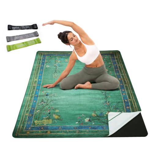 Gogokiwi Yoga Mat and Towel Set, 72 x 48 in, 1/2 in, Non Slip for Hot Yoga | Extra large, covers whole mat, 4 corner pockets, washable microfiber, rug-style print, hot yoga, home workout, home decor - color: Eden Green & Blue