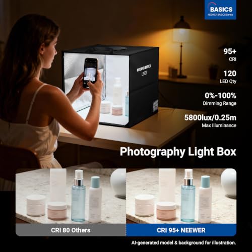 NEEWER Basics Bi Color Photo Studio Light Box, 12"x12"x12" Folding, LB30B | Photo Booth Shooting Tent, 6 Color Backdrops, 120 LEDs, CRI95+ Dimmable, for Tabletop Jewelry Electronics Food Photography - size: 12"x12"x12"