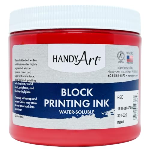 Handy Art Block Printing Ink, Red, 16 oz Jar, Water-Soluble | Highly Pigmented Vibrant Opaque Color with Superior Transfer Tack, Water Soluble, Certified Safe & AP Non-Toxic, Made in USA - color: Red, size: 16 Fl Oz