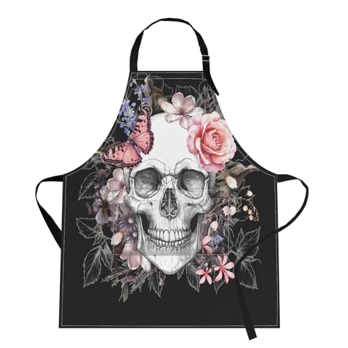 Apron with Pockets, 32x28 inch, for Women Men, Skull Rose Floral | Vintage Pink Flowers Waterproof Adjustable Bib Aprons for Kitchen Cooking Baking Painting Gardening - color: Skull Flower