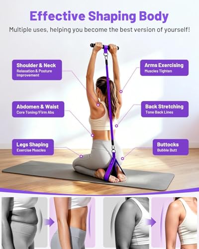 Multifunction Pedal Resistance Band with Handle, 4 Tubes 30/40/50LB Adjustable Foot Pedal Puller Resistance Band with Foam Handle& Storage for Men Women Core, Arm, Legs, Body Workout Home Gym, Purple