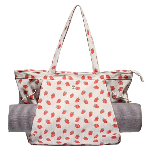 ESVAN Corduroy Yoga Tote Bag Gifts for Women Drawstring Yoga Mat Bag for Office Workout Travel Carryall Pilates Gym - color: Red Strawberry