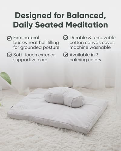 Mindful & Modern Large Meditation Cushion | Zafu Yoga Bolster Meditation Floor Pillow Seat | Buckwheat Hull Filled Crescent Shaped Cushion with Removable Washable Cover + Carry Handle | White - color: Crescent - White