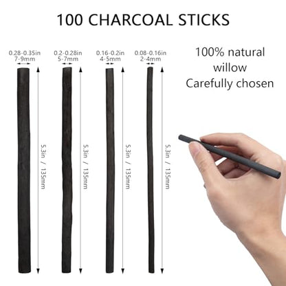 100 Pieces Willow Charcoal Sticks, Willow Charcoal, Soft Black Drawing Charcoal for Sketching and Drawing Art Sketch Artists Supplies, 5.3 Inch in Length (2-4, 4-5, 5-7,7-9 mm)