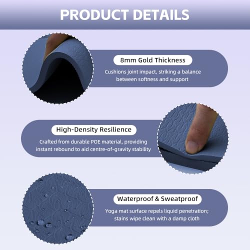 Large Yoga Mat Thick, 76"x32"x0.31"Wide POE Exercise Mat with Non-Slip Surface & Carry Strap, Anti-Tear Workout Mat for Yoga, Pilates, Fitness - color: Navy Blue