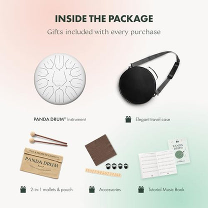 Panda Drum Plus (White) | Steel Tongue Drum for Inside & Outside | 11 Inch | with Music Book, Mallets, Carrying Bag & Finger Picks | 432 Hz Rain Drum | Calming Musical Instrument for Adults - color: 1-White
