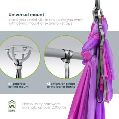 AyuHome Aerial Silks Yoga Swing Aerial Hammock Kit for Home | Premium aerial silks yoga swing kit with rigging hardware for aerial yoga, gymnastics, and home fitness - color: Aerial silk - Purple & Pink - New