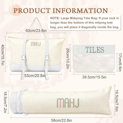 Mahjong Bag Storage Carrying Case for Tiles with Shoulder Strap (Beige) | 3-Bag System, External Mat Strap, Large Capacity, Lightweight Canvas, Reinforced Stitching, Fast Packing. - color: Beige
