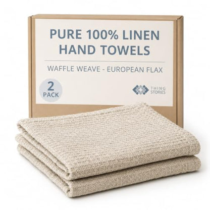 Pure 100% Linen Hand Towels - 14x28-inch Set of 2 pcs - Thin Waffle Weave - color: Natural Linen, size: Hand Towels