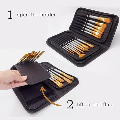 MyArtscape 15 Taklon Paint Brushes with Travel Holder - Short Handle | 15 Taklon paint brushes for acrylic watercolour oil gouache and face painting with travel holder and short handles