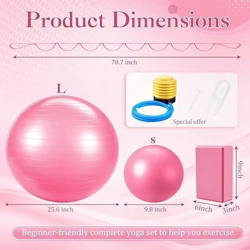 6-in-1 Yoga Balls and Yoga Block Set with Strap Foot Pump, Exercise Pregnancy Balls for Birthing, Pilates Kit Fitness Physical Therapy Home Gym Workout Equipment - color: Pink
