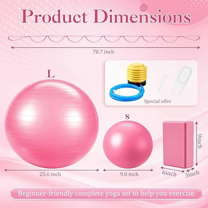 6-in-1 Yoga Balls and Yoga Block Set with Strap Foot Pump, Exercise Pregnancy Balls for Birthing, Pilates Kit Fitness Physical Therapy Home Gym Workout Equipment - color: Pink