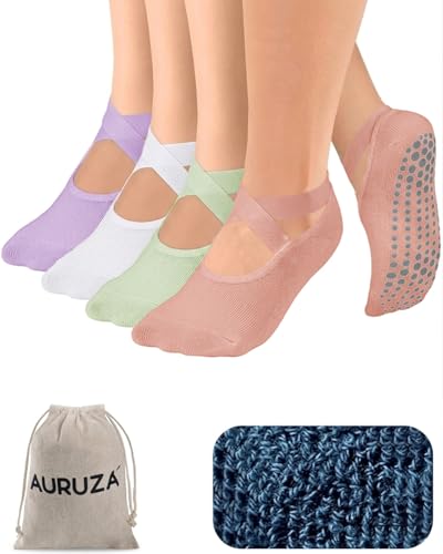 AURUZA Pilates Grip Socks for Women Non Slip Skid Yoga Socks with Grips Straps for Ballet Dance Workout Gripper Sock - color: 4pairs- White+pink+purple+green, size: Medium