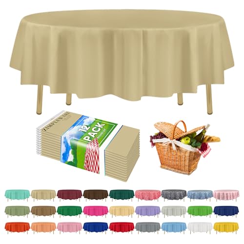ZIMPLEWARE Premium Beige Plastic Table Cloth Disposable (12 Pack) Round Tablecloth (84in) Party Table Cloths Disposable, Perfect Table Cloth Round Cover for Any Table Up to 6 Feet - color: Beige, size: 12 Pack 84" Round