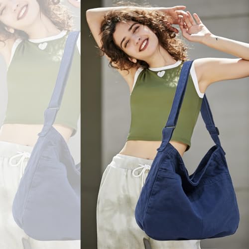Canvas Tote Bag Casual Hobo Crossbody Shoulder Bag for Women and Men Large Purse Messenger Bag Travel Work - color: 1-navy Blue