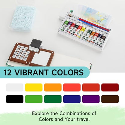 Mini Wooden Watercolor Paint Set, All-in-One Pocket Travel Art Kit: 15-Grid Palette, 12-Color Pigment, Brushes, Sketchbook, Clip, Sponge & Bags- Art Supplies Gift for Beginners & Artists DMCK004 - color: Botanical Green