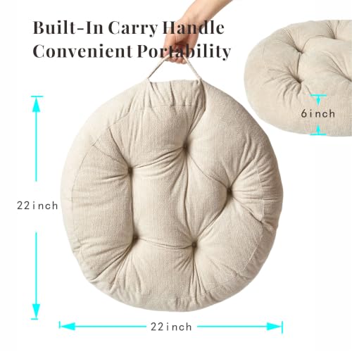 Floor Pillow Cushion with Handle for Adults Women Men | Large Meditation & Sitting Cushion Pillow for Tatami, Living Room, Yoga (2, Beige, Round, 22" x 22" x 6") - color: Beige, Round