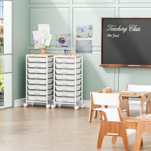 Ekisemio Rolling Cart with 8 Drawers, Storage Drawers Cart with Wooden Tabletop and Lockable Wheels, Utility Cart for Living Room, Office, Classroom, Craft Room, White