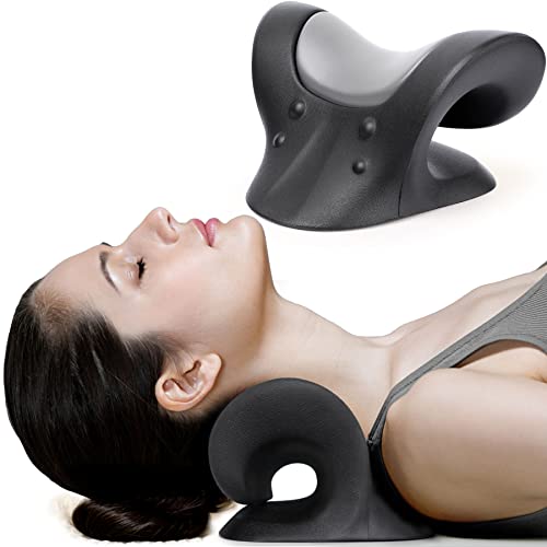 RESTCLOUD Comfortable Neck Stretcher for Neck Pain Relief, Neck and Shoulder Relaxer Cervical Traction Device for TMJ Pain Relief and Muscle Relax, Cervical Spine Alignment Chiropractic Pillow - color: Black