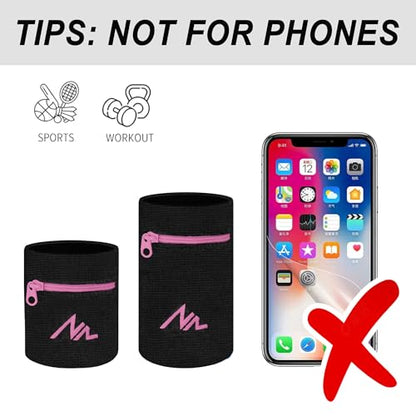 NEWZILL Wrist Wallet Wristband with Zipper - Cotton Sweatbands for Men & Women, Ideal for Running, Walking, Basketball, Football, Tennis, Hiking - color: Black/Pink, style: Small-1PCS