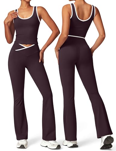 Womens Workout Sets 2 Piece Flare Leggings Contrast Top - color: Eggplant Purple, size: X-Small