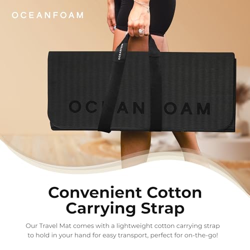 Oceanfoam Travel Workout Mat – 0.3" Thick Folding Exercise Mat for Yoga, Pilates, & Fitness – Non-Slip with Cotton Carrying Strap, Made with Sustainable Algae Foam – 24" x 72" (Charcoal) - color: Charcoal