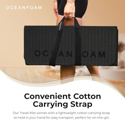 Oceanfoam Travel Workout Mat – 0.3" Thick Folding Exercise Mat for Yoga, Pilates, & Fitness – Non-Slip with Cotton Carrying Strap, Made with Sustainable Algae Foam – 24" x 72" (Charcoal) - color: Charcoal