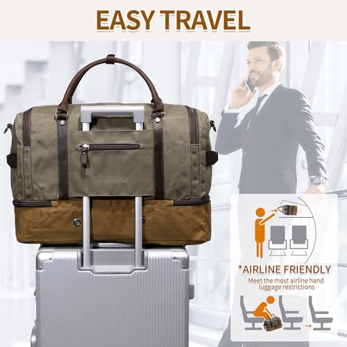 Nerlion Green Large Weekender Overnight Duffel Bag with Shoe Compartment and Leather Accents - color: Green