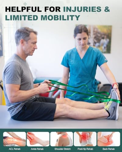 Trideer Non-Elastic Stretching Strap with Loops for Physical Therapy & Rehab, Knee Hip Leg ROM Post-Surgery, Yoga Strap for Stretching, Leg Lifter Strap Mobility Aid, Hamstring Calf Back - color: Emerald Green/75"x1"
