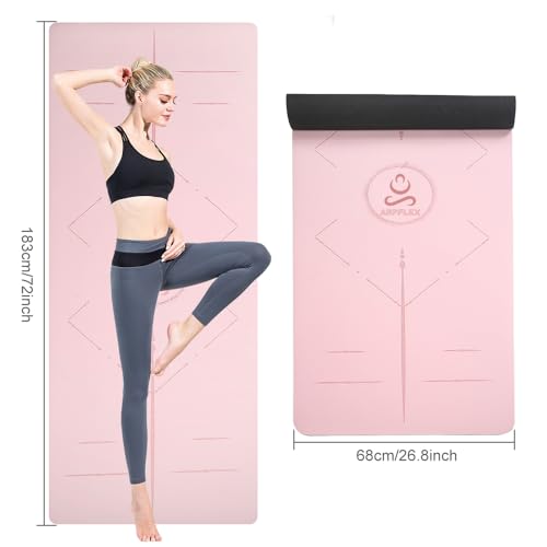 Natural Rubber Yoga Mat - Non Slip Non Toxic - 5mm Thick Yoga Mat for Hot Yoga/Pilates - Extra Large 26.8’’ with Alignment Guide - Sweat Proof - with Carrying Bag - color: Soft Rose