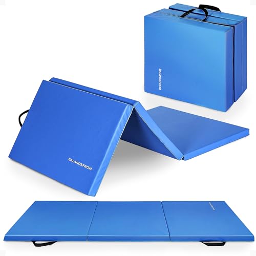 BalanceFrom 6x2 Feet 3-Panel Folding Gymnastics Mat – 2-Inch Thick Pad with Vinyl Surface and Carrying Handles for Tumbling, Yoga, Pilates, Home Workouts, and Martial Arts - color: Blue