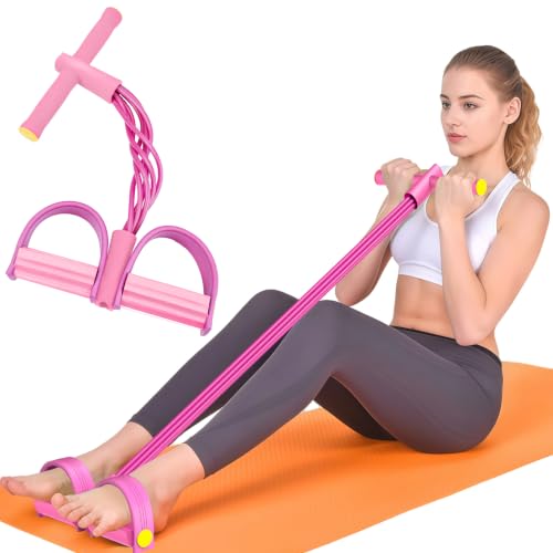 Pedal Resistance Band with Handles, 6-Tubes Natural Rubber Exercise Band - color: Full Pink