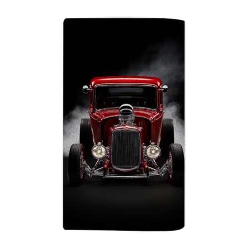 3D Model Red Retro Car Bath Towel 15X30 Inch Washcloths Hot Rod with Smoke Cool Face/Body/Hair/Hand Towel for Spa Gym Yoga Swim Bathroom Kitchen Hotel - color: 3d Model Red Retro Car
