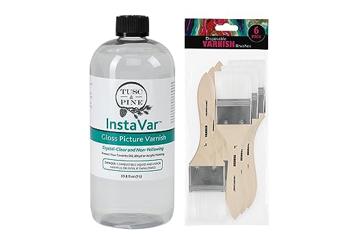 Jerry's Artarama InstaVar™ Gloss Picture Varnish & Varnish Brush Sets - Perfect for Varnish Paintings, Artists, Professionals, Restoration, & More! - 33.8oz Bottle w/ Set of 6 Brushes - size: 33.8oz Bottle & Brushes