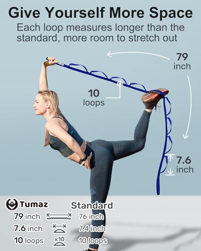Tumaz Stretching Strap, 10-Loop Non-Elastic Yoga Strap | Designed for stretching, yoga, Pilates and rehab with 10 loops, durable webbing and a longer 79-inch design - color: Blue Lite