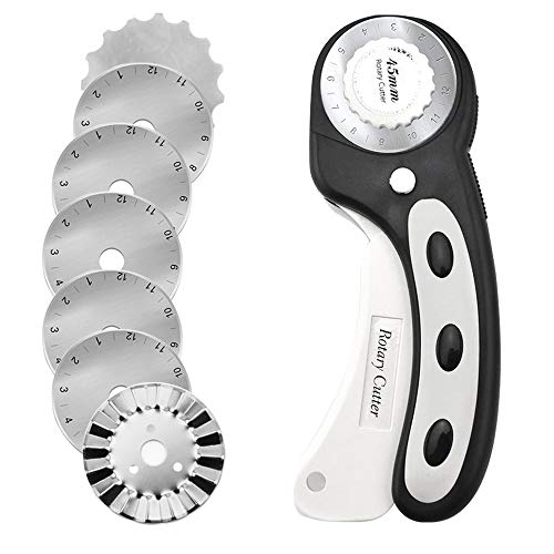 45mm Rotary Cutter with 7pcs Replacement Blades, Ergonomic Handle Rolling Cutter with Safety Lock for Fabric, Leather, paper, Crafting, sewing, Quilting, Perfect for Left & Right Hand(Black) - color: Black, size: 45mm