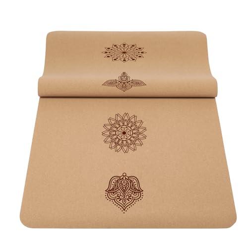 Premium Cork Yoga Mat Non Slip Thick Cork Exercise & Fitness Mat for Yoga, Pilates, & Home Workouts(72" x 24" x 5mm Thick) - color: Cork Mat 6 Flowers