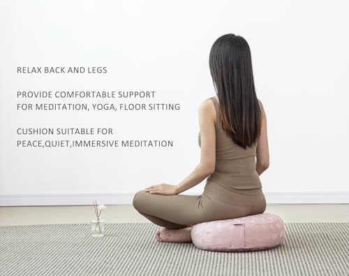 Meditation Cushion, Comfortable Meditation Pillow with Peacock Feather Jacquard Cover. Buckwheat Hull Filled Zafu Floor Pillow 16 * 16 * 5 in - color: Pink