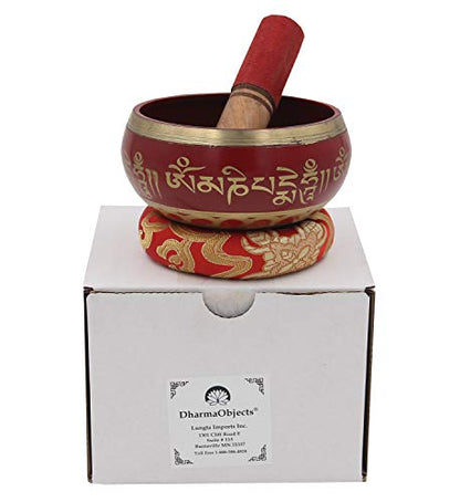 DharmaObjects Tibetan Meditation Om Mani Padme Hum Peace Singing Bowl With Mallet (Medium, Red) - color: Red, size: Medium