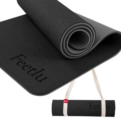 Extra Thick Yoga Mat with Carry Strap, 10mm Non-Slip Exercise Mat, 72 x 24 Inch Cushioned Workout Mat for Yoga, Pilates, Stretching & Floor Exercises - color: Black & Gray