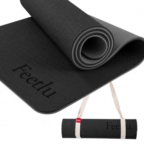 Extra Thick Yoga Mat with Carry Strap, 10mm Non-Slip Exercise Mat, 72 x 24 Inch Cushioned Workout Mat for Yoga, Pilates, Stretching & Floor Exercises - color: Black & Gray