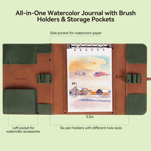 Lightwish Watercolor Pad - A5 20 Sheets 100% Cotton 300GSM Hot Press Paper | Detachable with Backing Board | All-in-One Travel Watercolor Journal with Brush Holders & Storage Pockets - color: Green
