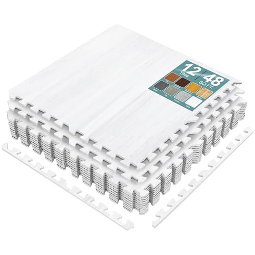Sorbus Interlocking Wood Grain Foam Floor Tiles (12 Pack, White) | 3/8-inch EVA floor mats create cushioned foam flooring for playrooms, basements, apartments, trade shows and baby spaces. - color: White, size: 12 Pack