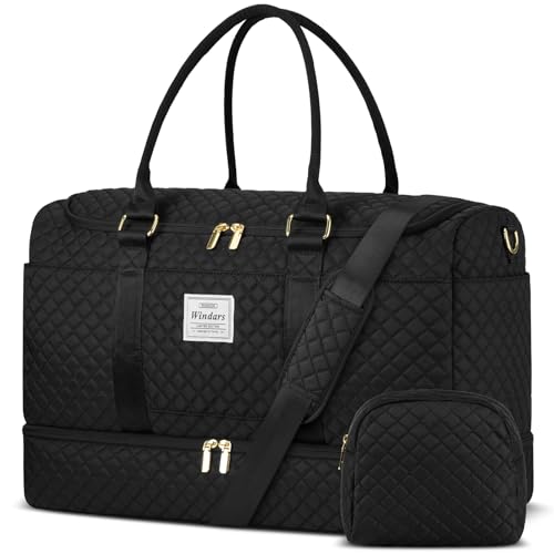 WINDARS Travel Duffle Bag, Weekender Bags for Women with Shoe Compartment, Overnight Bag with Toiletry Bag, Carry On Duffel Bags For Airplanes, Yoga Gym Duffel Bag, Black - color: Black