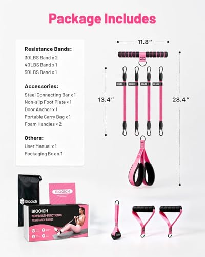 Multifunction Pedal Resistance Band with Handle, 4 Tubes 30/40/50LB Adjustable Foot Pedal Puller Resistance Band with Foam Handle& Storage for Men Women Core, Arm, Legs, Body Workout Home Gym, Pink