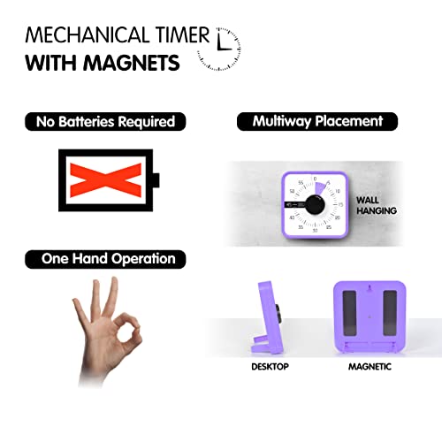 TWENTY5 SEVEN Countdown Timer 7.5 inch; 60 Minute 1 Hour Visual Timer – Classroom Teaching Tool Office Meeting, Mechanical Countdown Clock for Kids Exam Time Management Magnetic, Purple - color: Purple