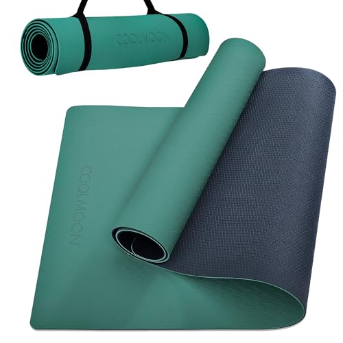 COOLMOON Yoga Mat Non Slip, Anti-Tear 1/4 Thick TPE Yoga Mats for Women and Men, 72"x24" Exercise & Fitness Mat with Carrying Strap, Workout Mats for Yoga, Pilates and Floor Exercise - color: HE-GREEN